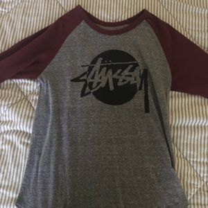 Stussy Maroon and Grey Mid-Sleeve T-Shirt